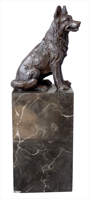 Dog Sitting Bronze Sculpture On Marble Base